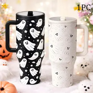 40oz Ghost Print Insulated Tumbler with Handle and Straw Lid, Cute Black and White Cartoon Pattern Travel Mug, Double Wall Stainless Steel, Leak Resistant, Fits Car Cup Holder, Portable for Driving, Sports, Daily Use, Gift for Women and Men