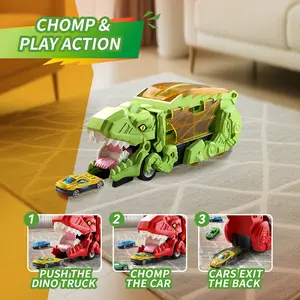 Dinosaur Chomping Truck Toy with 8 Cars T-Rex Car Launcher Transforming Dino Ramp Kids Vehicle Playset for Boys Girls Portable Dino Transport Truck with Storage Interactive Chomp and Race Action Gift for Ages 3+