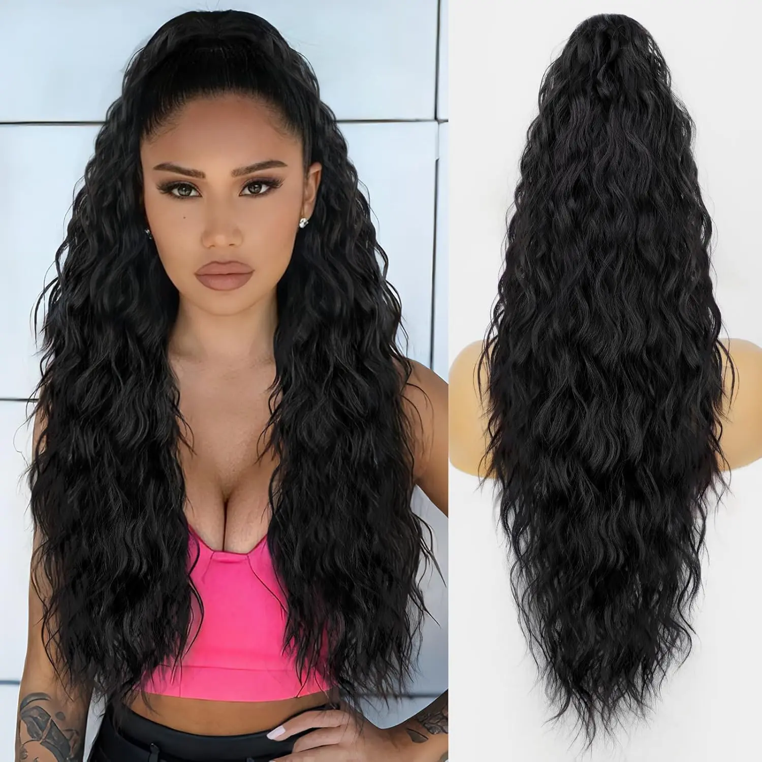 Ponytail Extension 24 Inch Drawstring Curly Wave for Women Long Synthetic Hairpieces Black Daily Use