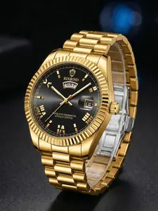 A men's black dial watch with gold steel strap, Roman numeral markers, dual calendar display, simple and stylish, versatile for the workplace, suitable for young people, quartz watch