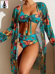 2026 Tropical Floral 3-Piece Bikini Set with Long Sleeve Cover Up. High-waisted swimsuit with a front tie knot, tummy control, and a flattering stretch fabric. Spring Break Summer Vacation Beach Pool Party Essential Elegant Sexy Swimwear Curvy Women Ladie