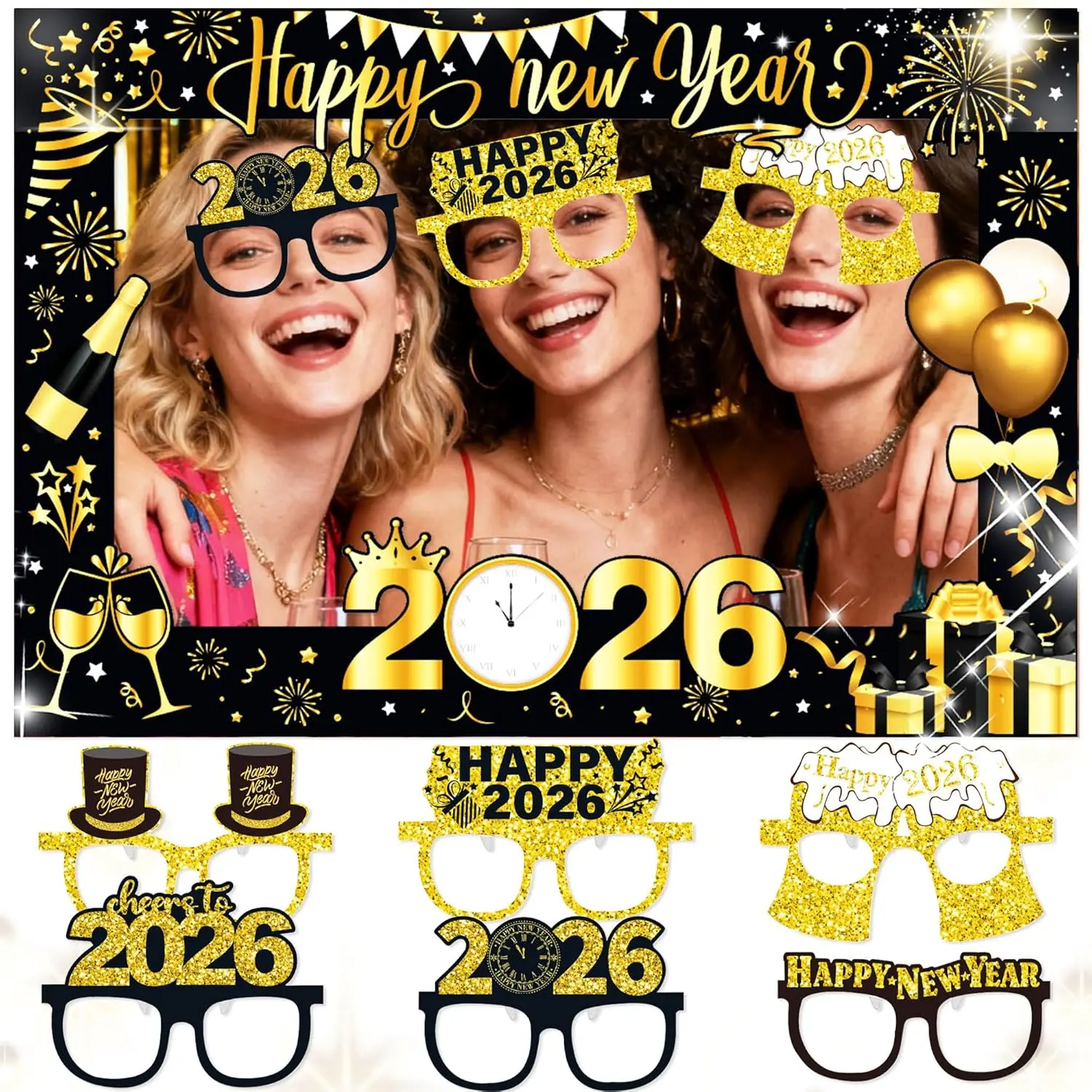 2026 Happy New Year Photo Booth Props Frame 2026 Party Supplies Photoshoot Props