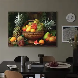 Unframed 2D Flat Fruit Basket Nordic Canvas Print, Pineapple & Grape Poster for Home Decor, Art Wall Decoration, Ideal for Living Room/kitchen/dining Area/cafe