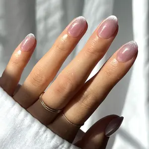 EASYPAL Short Oval Removable False Nails - Fairy Dust, Glossy Sheer Jelly Salon Quality Glue-On Artificial Manicure Kit for Women (30 Pcs, 15 Sizes)
