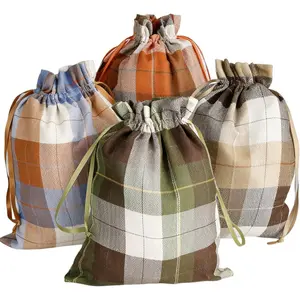 Large Fall Burlap Bags with Drawstrings Orange Buffalo Plaid & Sage Green Gingham Sacks -  Brown Pouch for Thanksgiving Party  Wrapping Goodies (4 Colors, 12x16 inch)