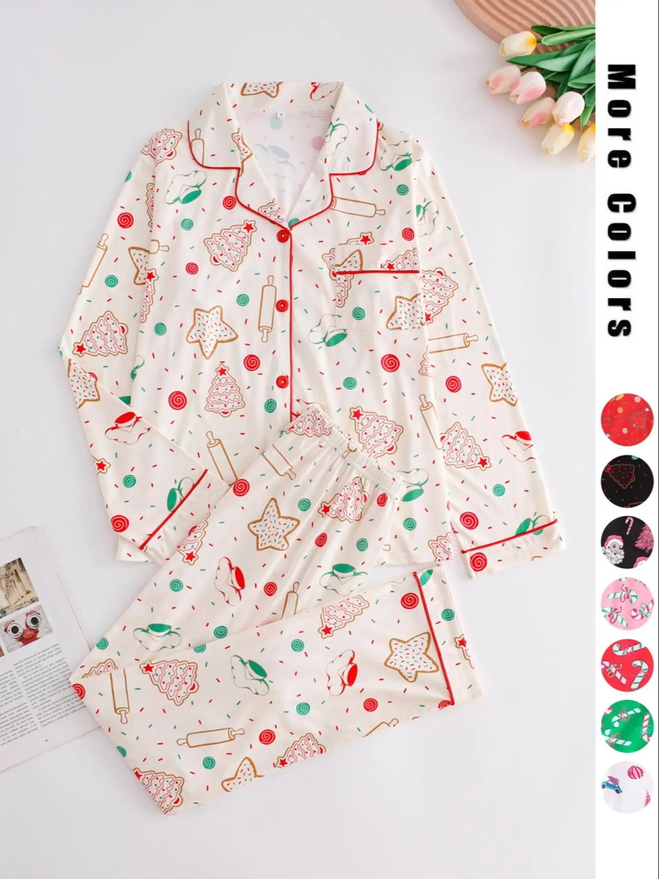 Two-piece Set Women's Christmas Print Button Front Pocket Shirt & Elastic Waist Pants Pyjama, Casual Comfy Long Sleeve Collared Top & Trousers Pyjama