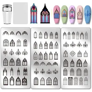 3pcs Arch Element Nail Stamp Plate Church Arches Pattern Print Art Template Stainless Steel Nail Image Plate with Stamper and Scrape for Women DIY Printing 4.7x2.3 inch