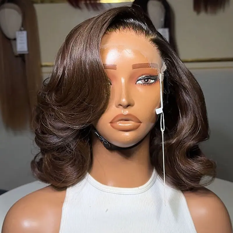 13x4 Chestnut Brown Lace Frontal Body Wave Short Bob Remy Wig Pre Plucked 180% Density Human Hair Lace Front Bob Wig with Natural Hairline For Women
