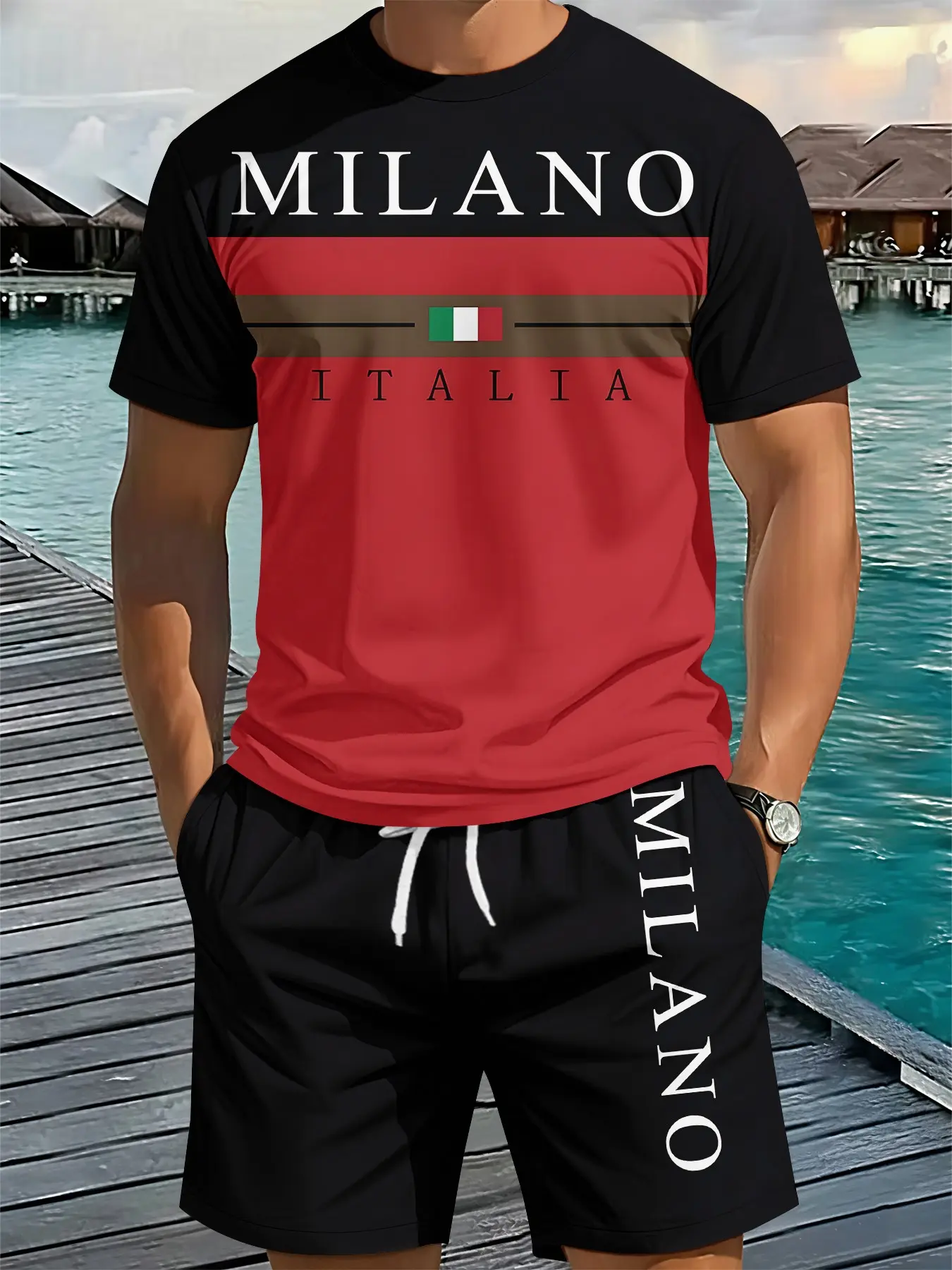 Milan urban color-block printed 3D digital printed two-piece set, 2Pcs, trendy fashion suit, trendy retro casual two-piece outfit, resort-style trendy wear, breathable sports casual style, Athleisure Wear Sets, an ideal holiday gift for men