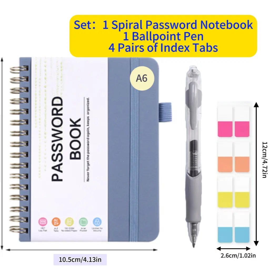 A6 Alphabetical Index Password Notebook Set, Spiral-Bound with A-Z Labels, Includes Pen and Tabs, Ideal for Business and School Use, Password Journal