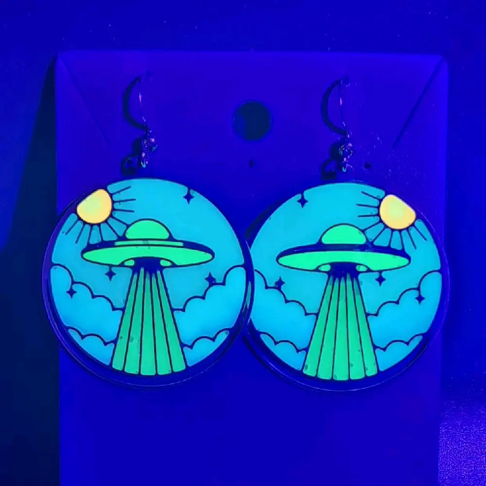 Glow in the Dark UFO Earrings - Stained Glass Effect in Daylight