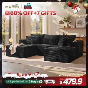 【2 Package Shipping】Ovios 106" Cloud Sectional Boneless Couch with Chaise & Ottoman, L/U-Shape Plush Corduroy Velvet Modern Modular Sofa with Deep Seat, Upholstered Couches for Living Room Bedroom, No Assembly Required