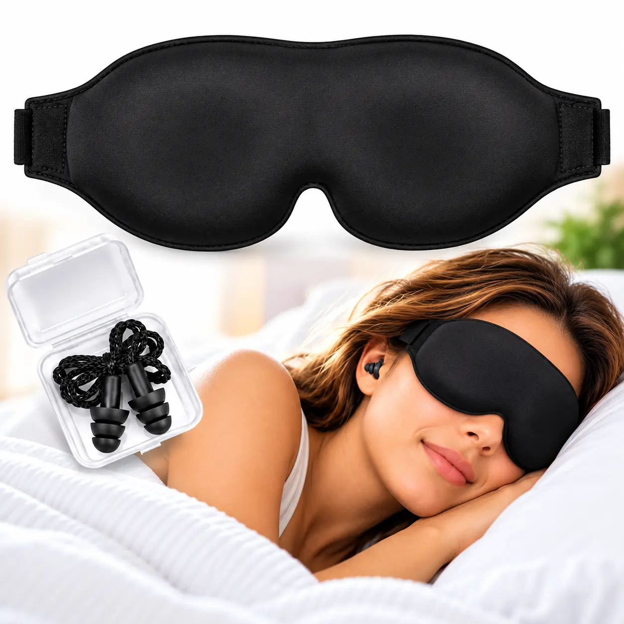 NaturePlus 2-Piece Plain Sleep Set - Memory Foam 3D Eye Patch Sleep Mask, Premium Reusable Ear Plugs for Light Blockout, Noise Cancellation, Adjustable Nighttime Use