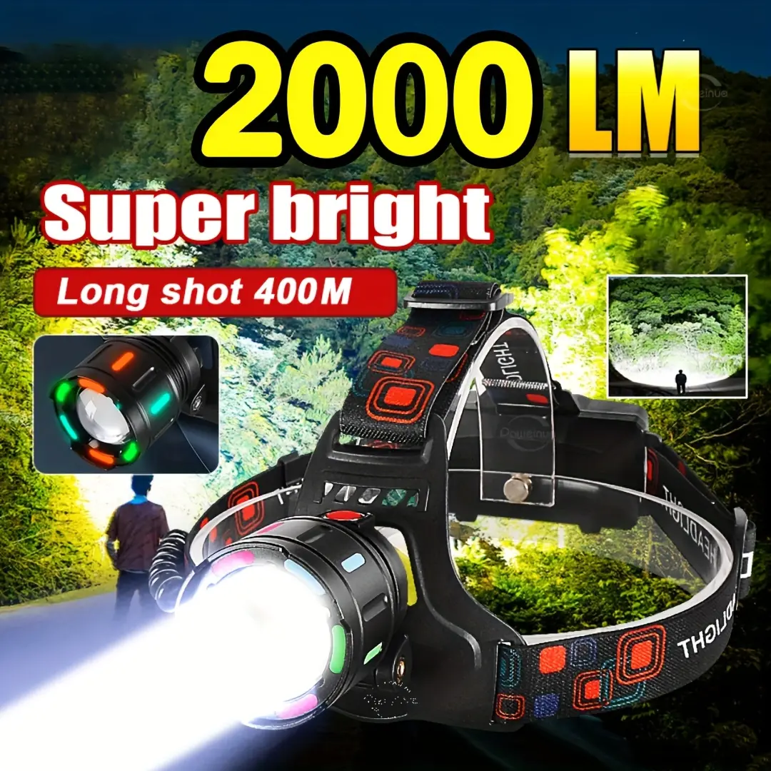 Rechargeable LED Headlamp with Aluminum Alloy Build, Zoomable LED Chips, 4 Modes, 90° Adjustable, IPX6 Waterproof, Both Indoor/Outdoor for Camping, Cycling