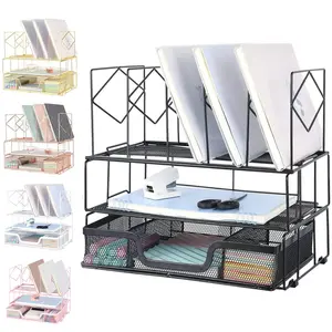 Desktop Organizers and Accessories, Office Supplies, Dual Tray and 5 Upright Section, File Folder Holder And Organizer for Desk with Sliding Drawer