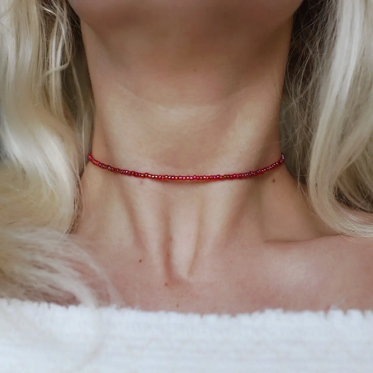 Iridescent Red Seed Beaded Choker Necklace