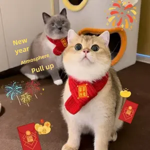 Cozy Winter Costume Set Cat Scarf Puppy Cute New Pet Scarf Bib Dog Warm Accessories Red Festive New Year Valentine's Day Collar with Bowtie Hand-knitted Christmas