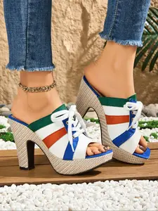 Women's Fashionable Patchwork Design Lace Up High Heel Sandals, Elegant Square Toe Sandals for Summer, Lightweight Breathable Comfortable Shoes for Daily Wear, Girl