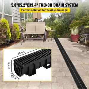 VEVOR Trench Drain System, TikTokShopBlackFriday,5.8x5.2x39.4-Inch HDPE Drainage Trench,Channel Drain with Plastic Grate,Black Plastic Garage Floor Drain,3x39 Trench Drain Grate,with 3 End Caps, for Garden, Driveway-3 Pack