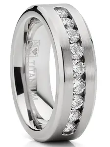 8MM Men's 1Ct.Titanium ring wedding band with 9 large Channel Set Cubic Zirconia  sizes 6 to 15