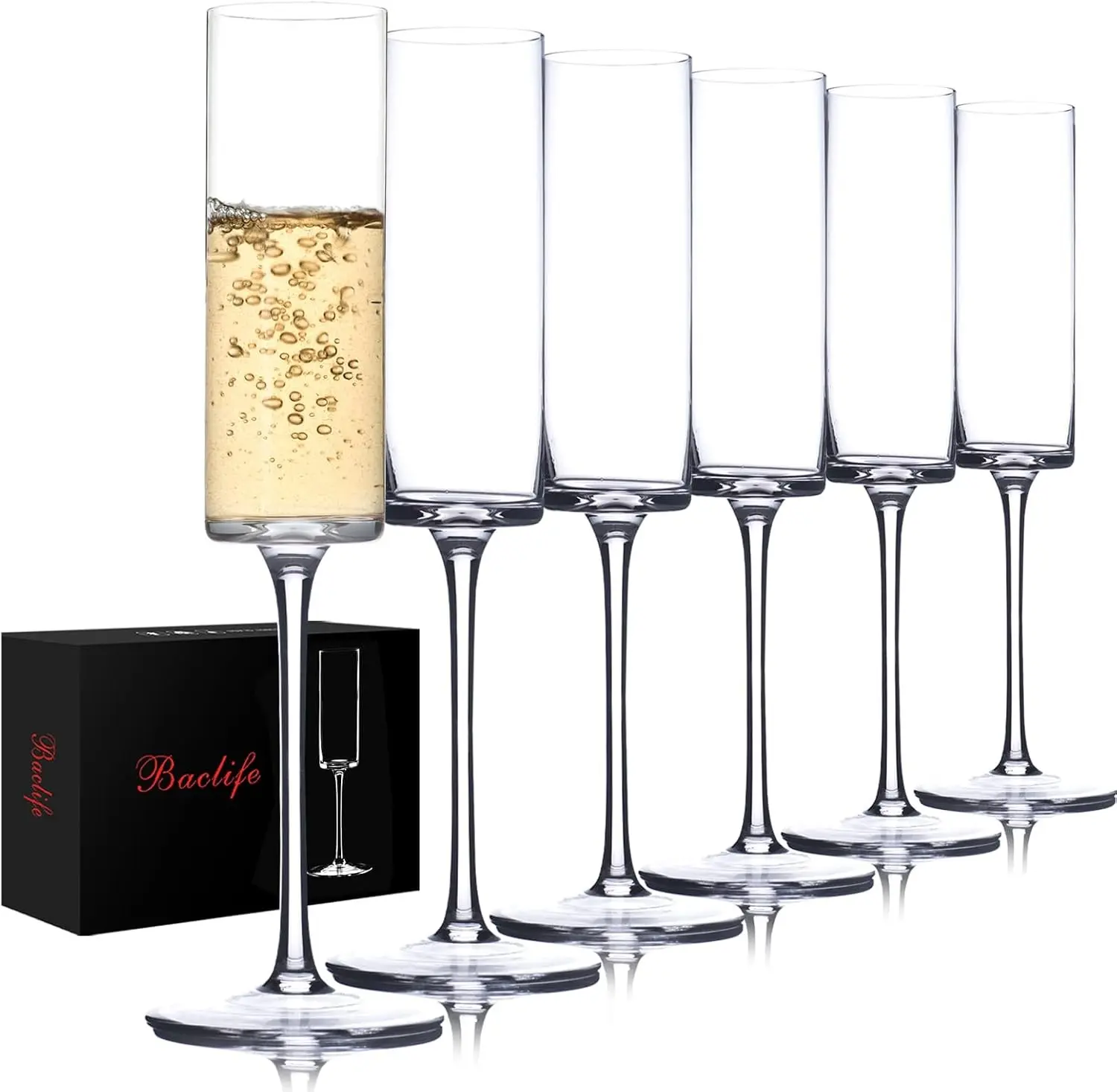 BACLIFE Crystal Champagne Flutes Set of 6 - Hand Blown Champagne Glasses With Long Stem - 6.5 oz Elegant Sparkling Wine Stemware - Unique Gift for Christmas Day,Birthday,Wedding - Clear Gift