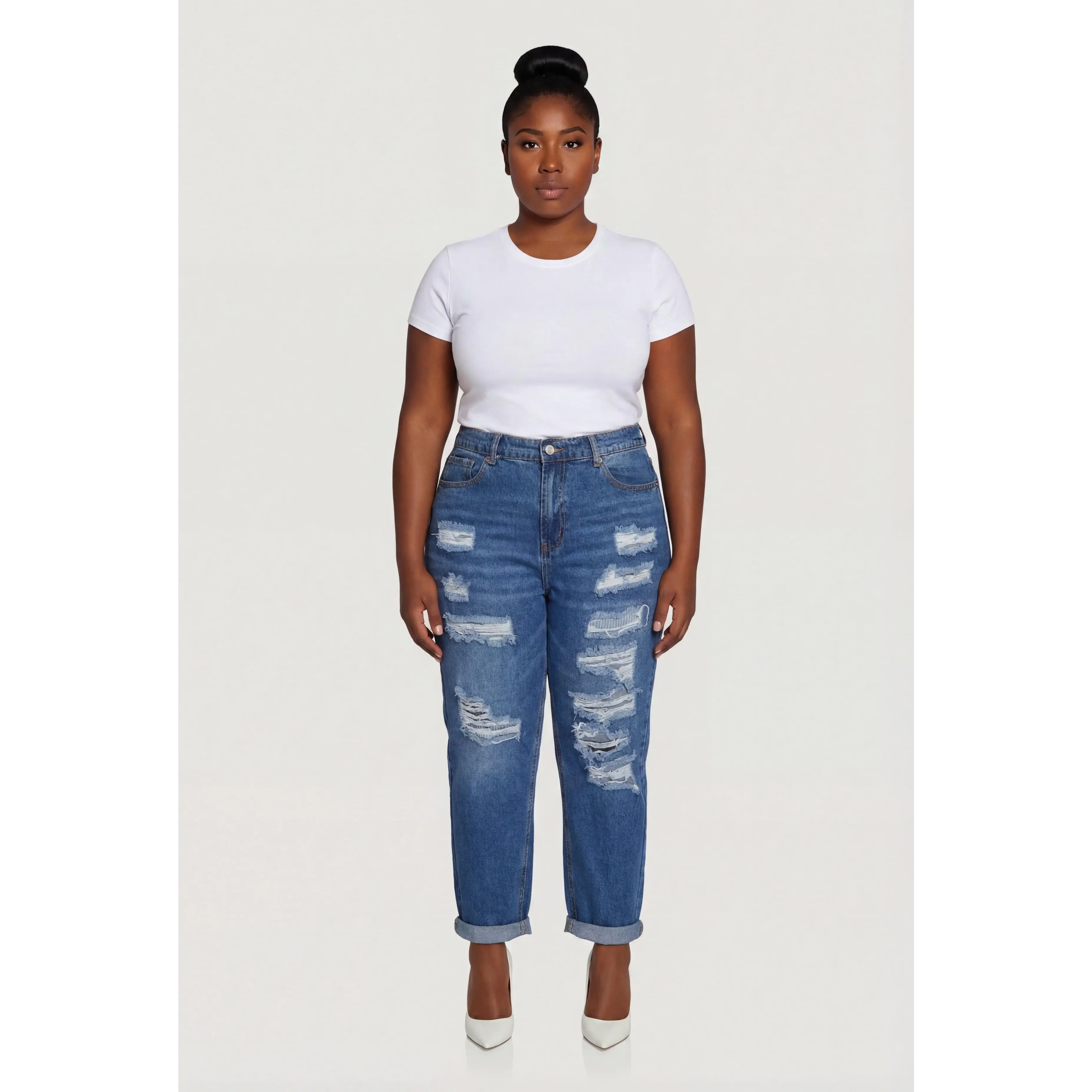 Plus Size WAX Rolled Cuff Distressed Mom Jeans