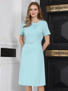 INSPIRE CHIC Women's A Line Dress Short Sleeve Asymmetrical Neck Elegant Business Work Dresses with Belted