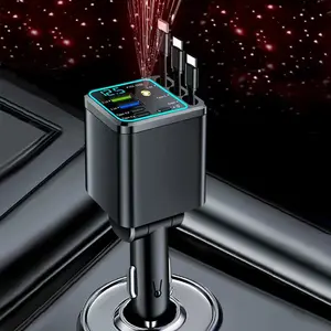 Retractable Car Charger with Starlight, Starry Sky Light in Car roof 7 in 1 Retractable Type C Car Phone Charger Adapter, Fast Charging USB C Support Real Time Voltage Detection Mobile Phone Charger