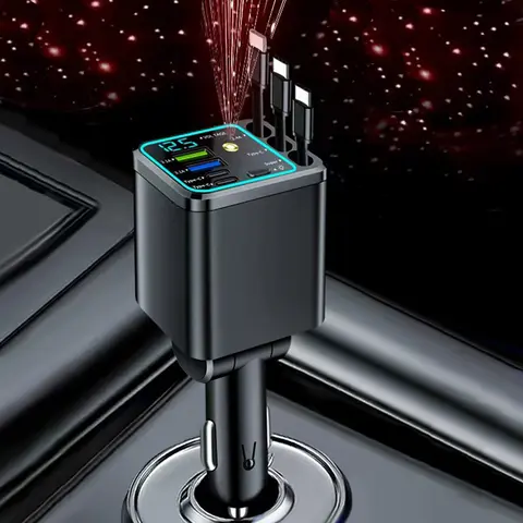 Retractable Car Charger with Starlight, Starry Sky Light in Car roof, Retractable Phone Charger For Car, 7 in 1 Type C, Fast Charging USB C Support Real Time Voltage Detection