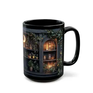Botanical Bookshelf Mug Dark Cottagecore Coffee Cup Moonlit Book Nook Gift Witchy Reader Mug 15oz Ceramic Tea Cup DWKT2A