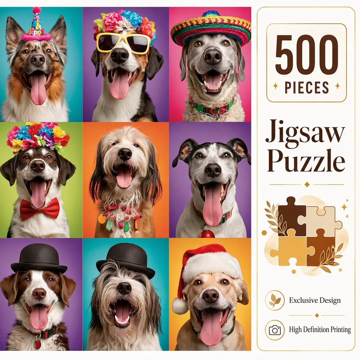Funny Dog Party Portrait 500 Pieces Jigsaw Puzzle, Colorful Pet Hobby Puzzle for Adults, Family Game for Relaxation and Stress Relief, Brain Exercise Challenge, Wall Decor, Gift for Dog Lovers and Seniors, 15x20.5inch(38x52cm)