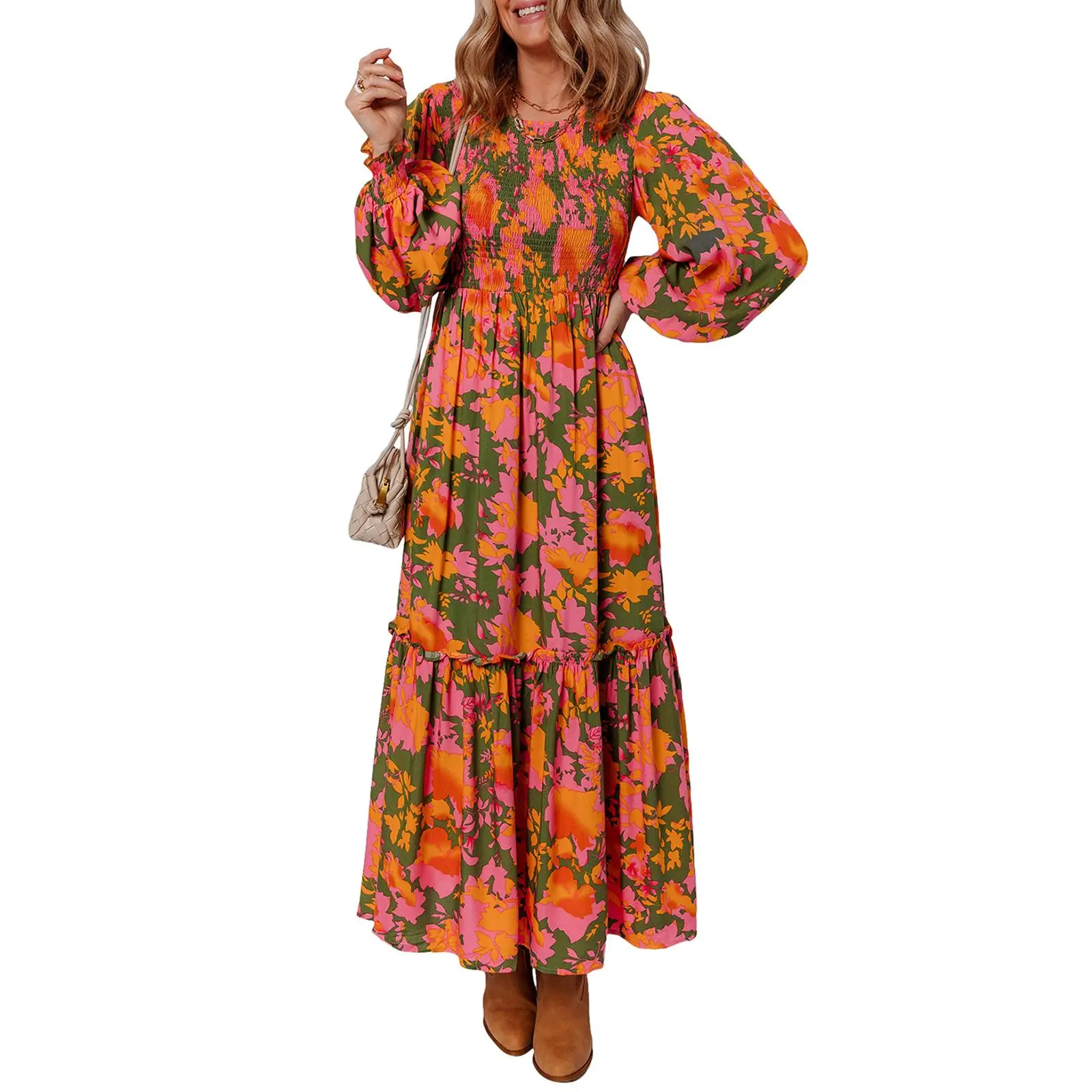 Asvivid Women's Stretchy Floral Print Puff Long Sleeve Smocked Bodice Ruffled Dress with Pockets - Elegant Fit Style, Casual Boho Womenswear