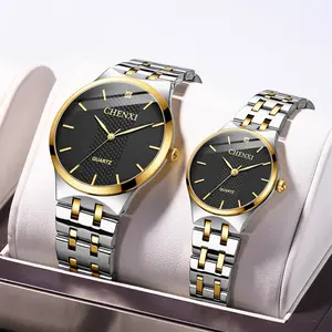 OIDEA Couple Two-Tone Watch, Black Dial Two-Tone Steel Bracelet, Bar-Numeral Dial, Ultra-Slim, 3ATM, M & W Sizing