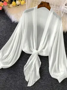 Lightweight Chiffon Sun Protection Hoodie, Knot Front Design, Breathable and Not Hot, Summer Outdoors Essential, Long Sleeve Fitted Casual Style