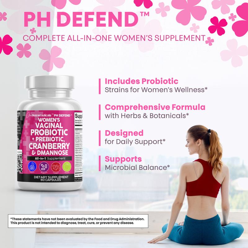 Clean Nutraceuticals Probiotics, Prebiotics, Cranberry, Dmannose & More for Women's Healthy Odor and Tract Support Capsules – PH Defend