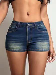 Low Waist High Stretch Butt-Lifting Washed Button Denim Shorts Women, Vintage American Street Style, Y2K Fashion, Rock Music Festival Wear, Summer Trend