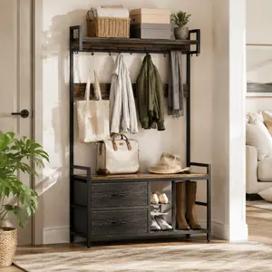 Littleox 33.1" Wide Hall Tree with 2 Movable Drawers, Shoe Storage, Shelves and Garment Racks, 5-in-1 Entryway Bench with 23 Hooks (Fixed and Movable)
