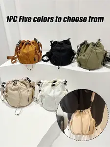 Casual Nylon Waterproof Solid Color Bucket Bag, Handbag And Shoulder Bag,Large Capacity And Multifunctional Drawstring Bucket Bag,With Side Pockets,Ladies' Daily Crossbody Bag,Suitable For Women,Lover,For School Travel,Work & Office,Weekend And Holiday