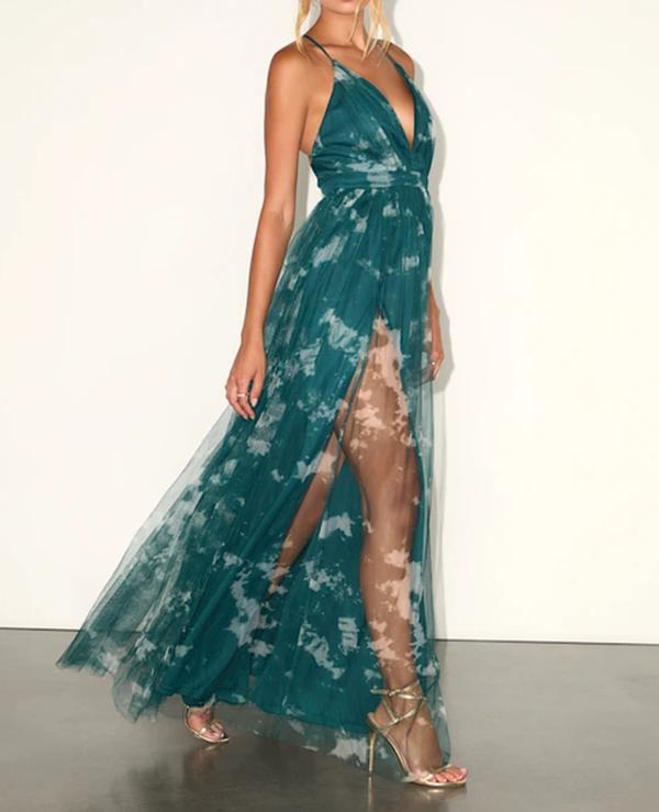 Lulus Elegant Moment Emerald Green Tie-Dye Backless Maxi Dress