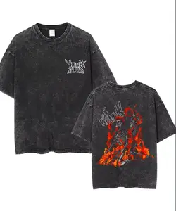 Washed Black Statement Streetwear T-Shirt with Yungblud Fire Skeleton Design, Oversized Crewneck, Unisex, All-Match for Urban & Casual Style