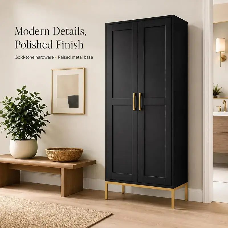 Modern Polished White Tall Linen Cabinet with Gold Tone Hardware & Raised Metal Base, Freestanding Adjustable Shelf Storage Closet for Bathroom, Laundry Room, Entryway Home Organizer