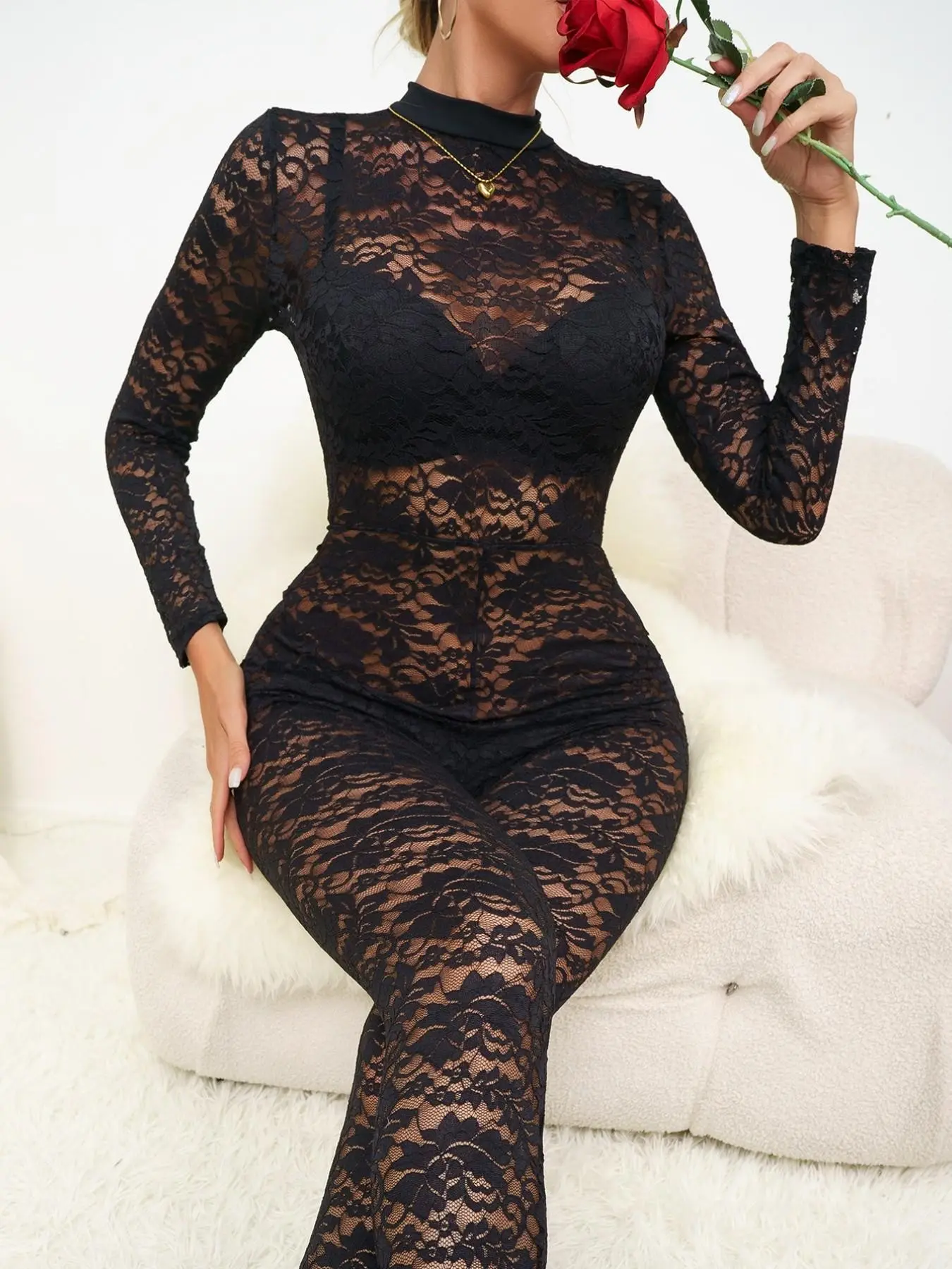 Black Sheer Lace Cutout Jumpsuit, High Neck Long Sleeve, Floral Bodycon Jumpsuit,French Lace Fabric, Elegant Chic Aesthetic Leaf Print, All Seasons Fashion，for Party Night club