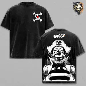 Buggy Anime Washed Tee – One Piece Vintage Manga T-Shirt, Funny Clown Pirate Graphic Shirt, Oversized Streetwear Trendy Otaku Gift, Meme Aesthetic Anime Tee