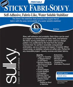 Sulky Sticky 12pc 8.5"x11" Fabri-Solvy Self Adhesive Water Soluble Embroidery Stabilizer Sheets 457-02
