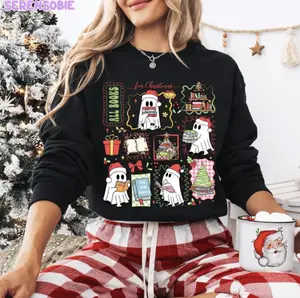 All Books for Christmas Sweatshirt - Hoodie - TShirt, Ghost Reading Holiday Shirt, Cute Book Lover Christmas Crewneck, Funny Christmas BookTok Shirt, Teacher Librarian Gift