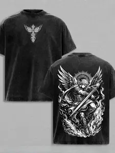 Archangel Michael Retro Washed Christian T-shirt, Flame Angel Faith Pattern T-shirt, Heavyweight Cotton Scripture Streetwear Top, Unisex Retro Worship Shirt, Gothic Religious Attire, Gift for Believers, Summer Casual Men's Top