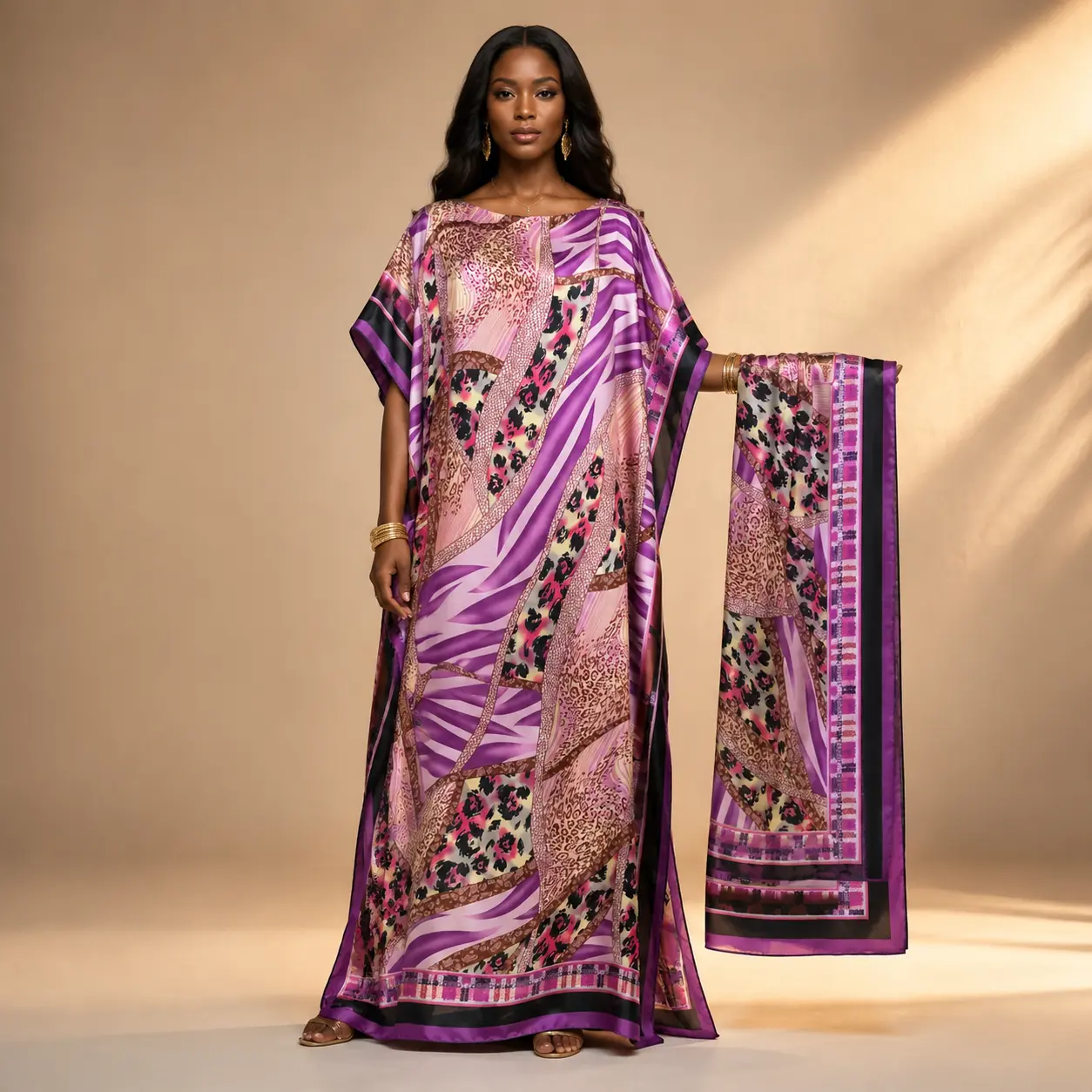 [Mumu] Women's Satin Kaftan Dress with Matching Shawl Set, Loose Long Beach Cover Up Maxi Dress for Summer Vacation Outfit, One Size