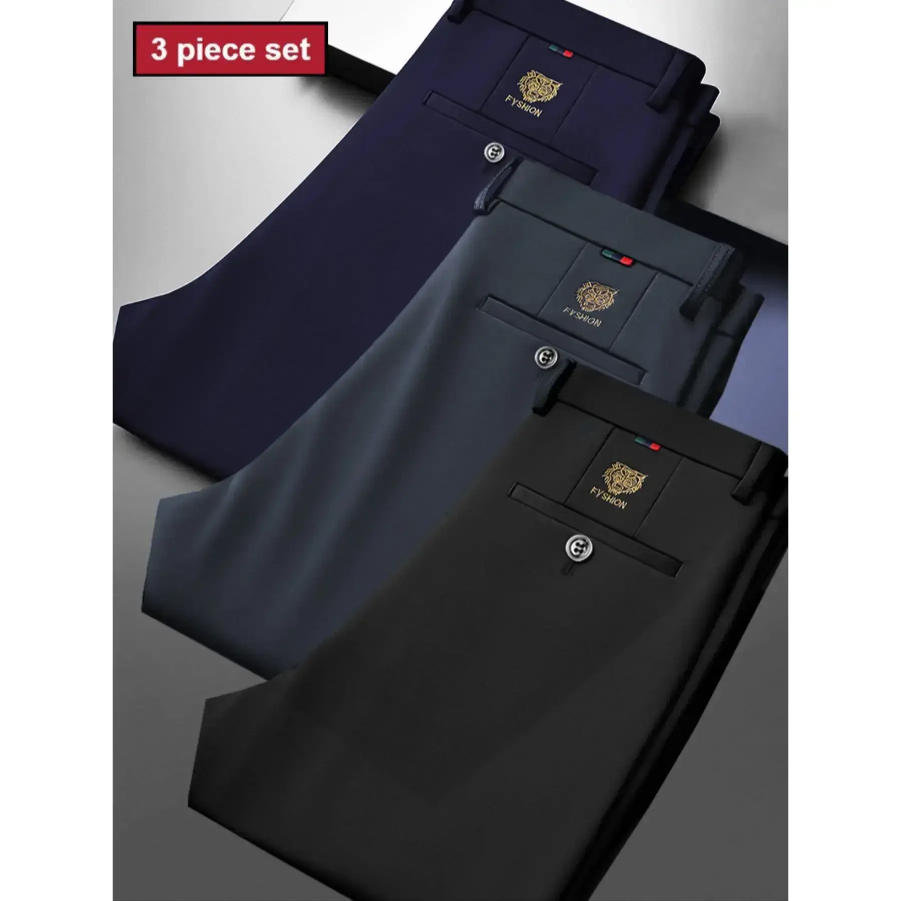 3piece set Men's New Loose Straight Leg Elastic Formal Pants, Anti-Wrinkle Comfortable Tiger Head Business Trousers, Work and Weekend Fashion