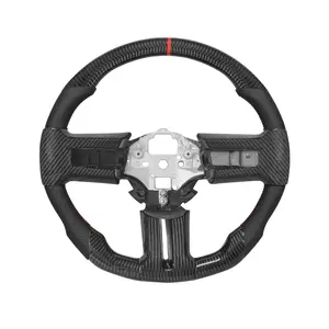 XNSFXXL Real Carbon Fiber Steering Wheel for Mustang EcoBoost/GT/Shelby GT500 2012-2014, D-shaped Flat-bottom Nappa Perforated Leather Grip with Trim