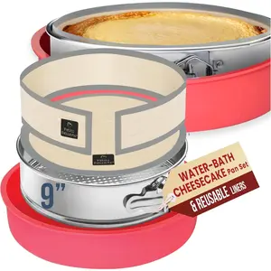9 Inch Springform Pan for Cheesecake, with LEAKPROOF Silicone Sleeve & 2 REUSABLE Liners for WATER BATH Baking - No Foil Wrap & Parchment Needed, NON-TOXIC Stainless Steel Cheese Cake Pans for Baking
